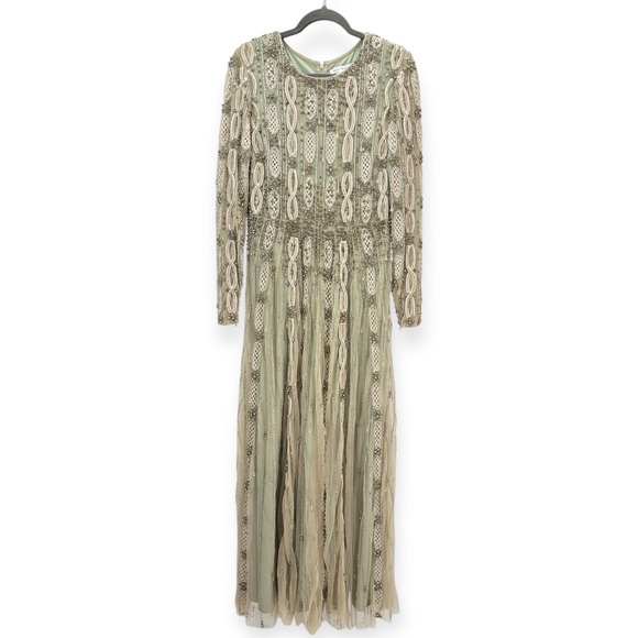 Mac Duggal NEW Embellished Mesh Long Sleeve A Line Gown Nude Sage $1,798 Size 10 - Picture 6 of 16